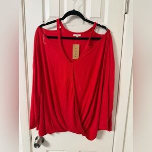 Red Draped E Luna Cold Shoulder Long Sleeve Top 3XL